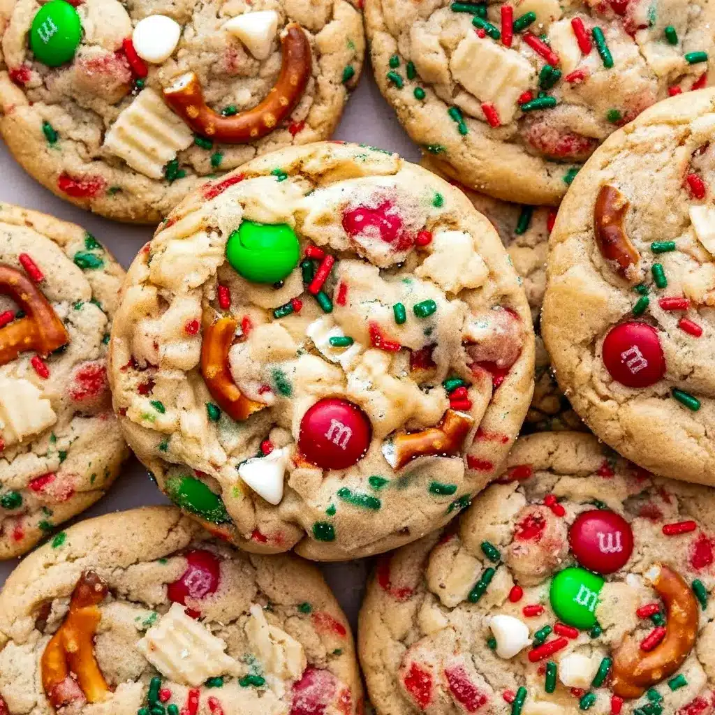 Close-up of chewy, loaded Christmas cookies on parchment — studded with pretzel pieces, crushed potato chips, M&M’s, white chocolate chips, and red-and-green sprinkles, Christmas Kitchen Sink Cookies.