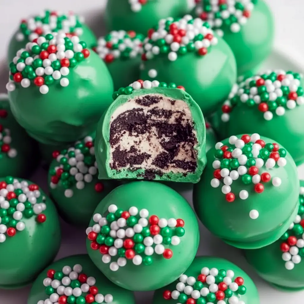 Close-up of glossy green truffles coated in candy melts with festive sprinkles; one truffle is cut open to reveal a creamy chocolate-cookie center, Christmas Truffles.