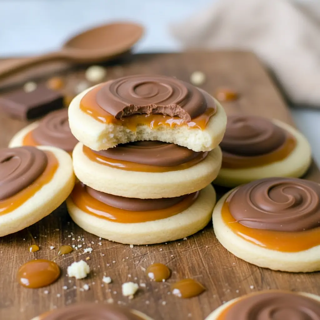 Close-up of a golden sugar cookie cup topped with creamy caramel and a glossy milk chocolate layer, Twix Cookies.