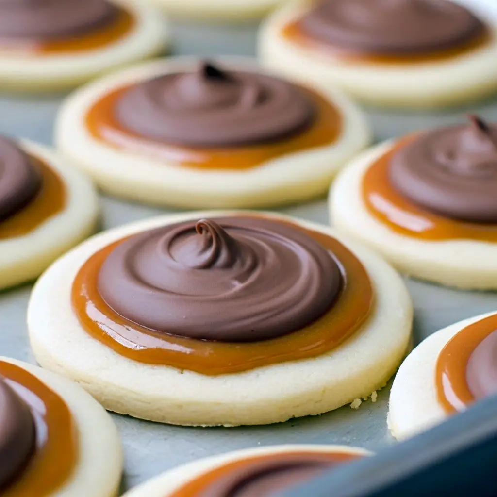 Close-up of a golden sugar cookie cup topped with creamy caramel and a glossy milk chocolate layer, Twix Cookies.