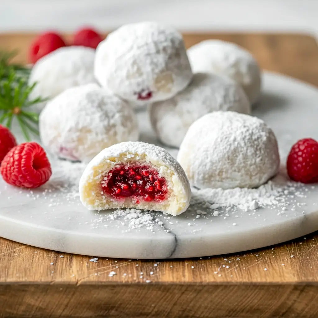 Close-up of raspberry almond snowball cookies dusted in powdered sugar, one split to reveal a jammy raspberry center on parchment paper, Must Make Christmas Cookies.