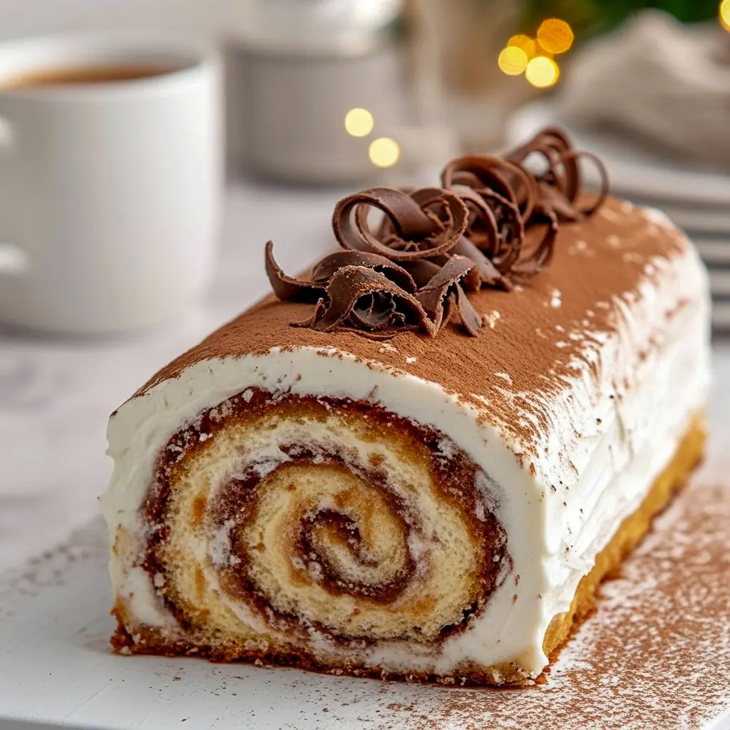 Yule Log Dessert: sliced tiramisu log filled with mascarpone cream and dusted with cocoa, elegant holiday centerpiece, Christmas Holiday Desserts.