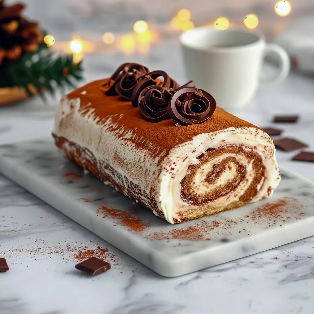 Yule Log Dessert: sliced tiramisu log filled with mascarpone cream and dusted with cocoa, elegant holiday centerpiece, Christmas Holiday Desserts.
