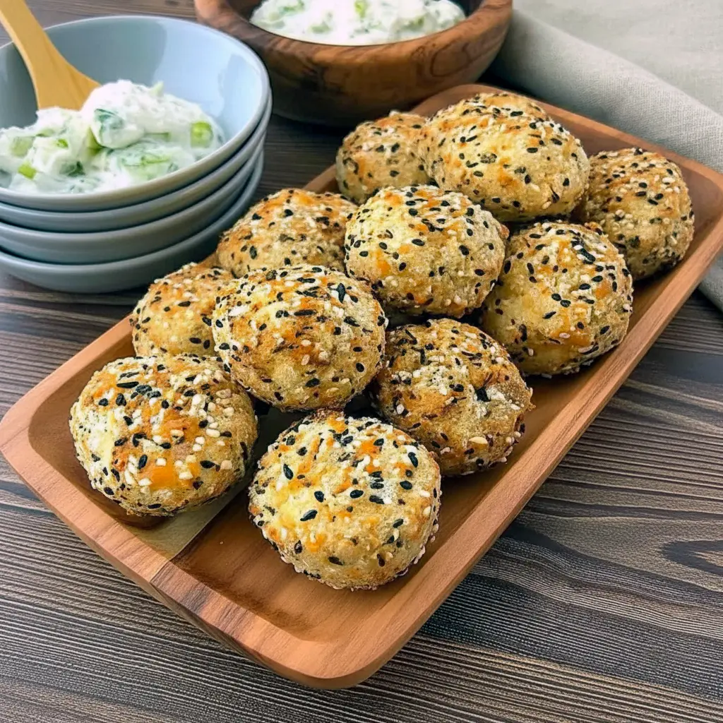 High Protein Morning Snack — close-up of golden, cream-cheese–stuffed bagel bites on a cooling rack; inspired by Everything But The Bagel Recipes and baked like little Baked Protein Bites with an option to make a Garlic Onion Protein Bagel flavor. Ideal for Snacks Ideas For Work or Protein Snack Ideas On The Go, great for High Protein Lunch Ideas For School, part of my Prime Protein Recipes lineup, and simple, satisfying High Protein Bites.