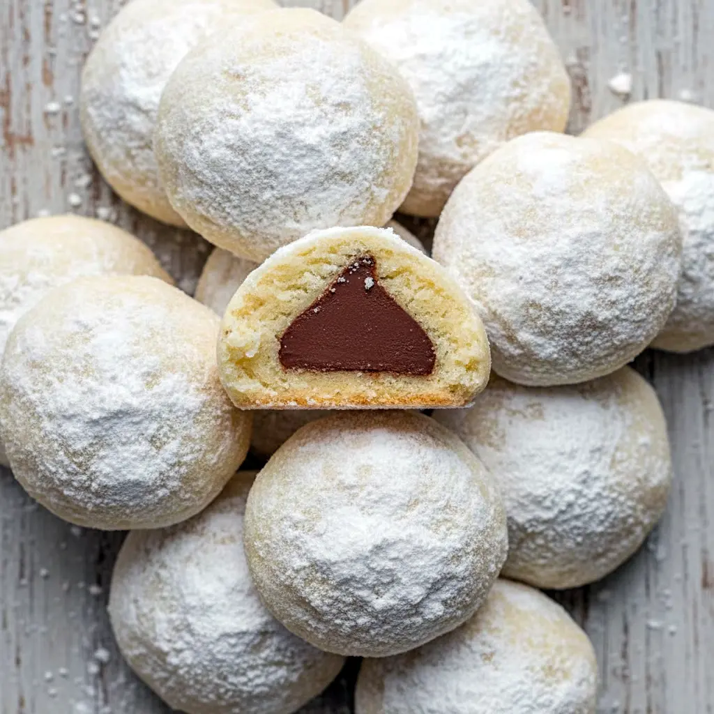 Close-up of powdered shortbread balls hugging a chocolate center — great for Cupcake Cookies Decorated Ideas, a simple Secret Kiss Cookie Recipe, a visual guide on How To Make Secret Kiss Cookies, and a tasty example of Hershey Kisses Cookies, Christmas Cookies With Hershey Kisses.