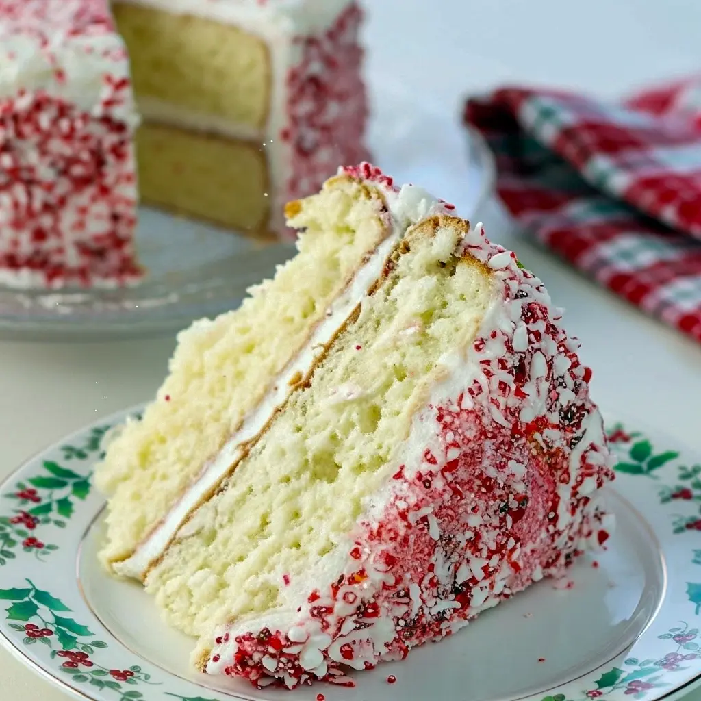 Slice of peppermint layer cake with white buttercream, crushed candy-cane rim, and a sprig of evergreen on a festive plate, Peppermint Cake.