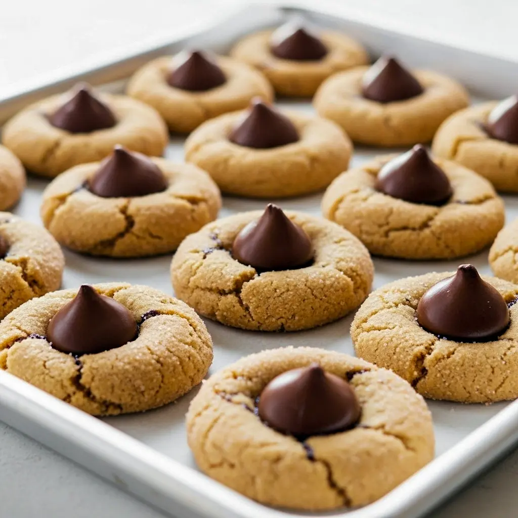 Golden peanut butter cookies rolled in sugar, each topped with a glossy milk chocolate kiss and stacked on parchment, Easy Peanut Butter Blossoms.