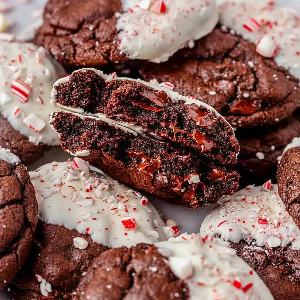 Close-up of a half-dipped cookie showing gooey chocolate chunks and a white-chocolate peppermint coating — a simple Peppermint Bark Cookies Recipe for holiday trays, one of the best Christmas Dessert Ideas Chocolate, styled as elegant Half Dipped Cookies and a top Chocolate Peppermint Recipes riff with Christmas Crumbl Cookie vibes, Chocolate Peppermint Bark Cookies.