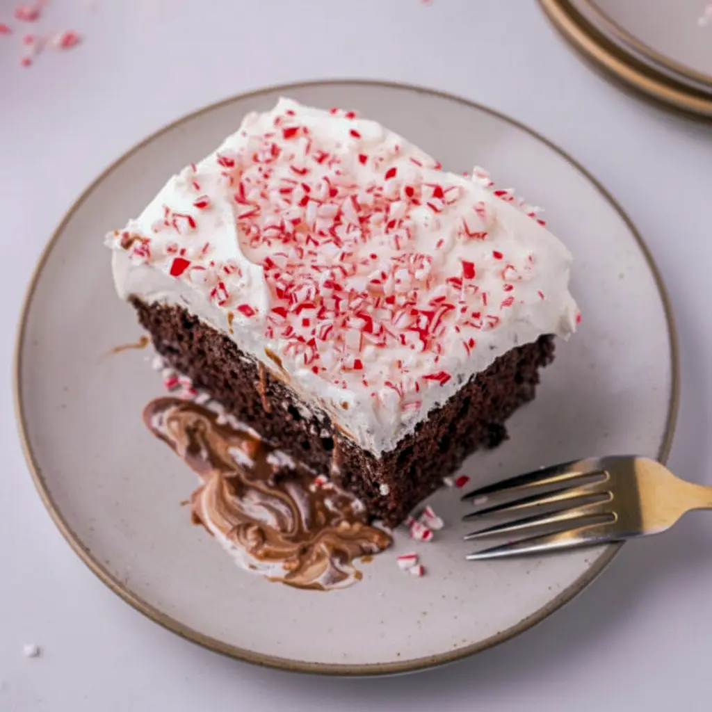 Slice of chocolate peppermint poke cake with whipped topping and crushed candy canes on a festive plate, Christmas Cake.