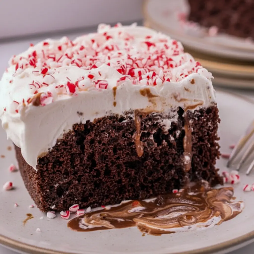Slice of chocolate peppermint poke cake with whipped topping and crushed candy canes on a festive plate, Christmas Cake.