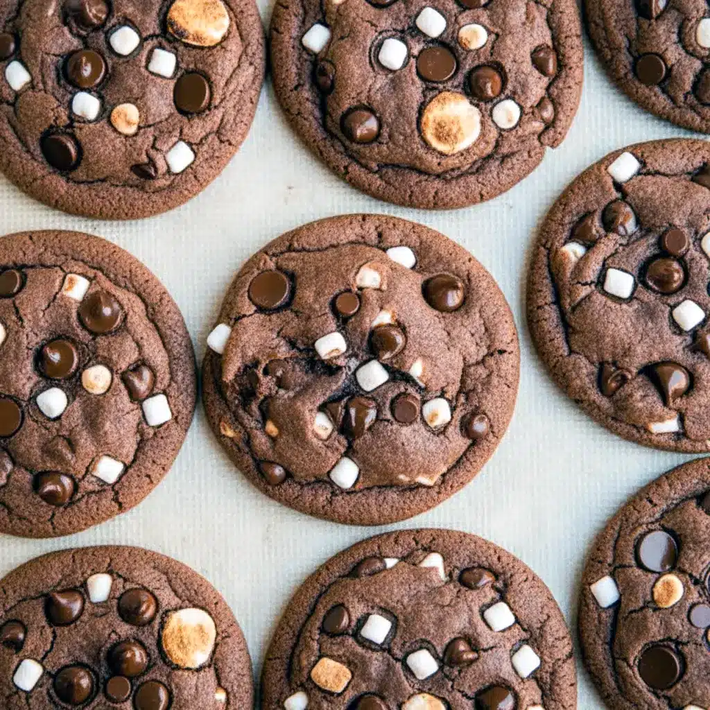 Close-up of hot chocolate cookies with mini marshmallows — ideal Baked Goods Christmas gift and one of the most Yummy Christmas Desserts, Cookies For The Holidays.
