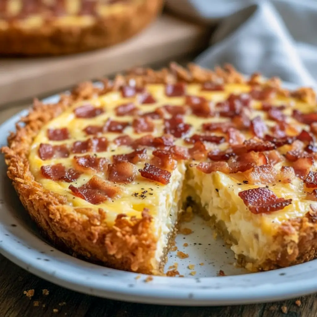 Top-down shot of a golden hashbrown-crusted quiche wedge on a plate with melted cheddar and bacon — a rustic take on a Cheese Onion Quiche, as approachable as a Mushroom And Onion Quiche, with the comfort of a Pioneer Woman Brie And Broccoli Quiche, styled to evoke an herb-forward Herb-filled Quiche Recipe, Bacon And Cheese Quiche.