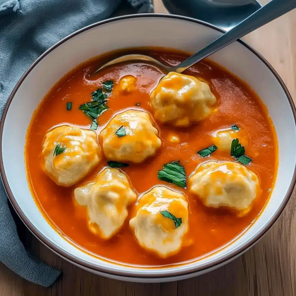 Overhead shot of a steaming bowl of tomato soup topped with golden, fluffy cheese dumplings and a scattering of fresh herbs, served with crusty bread, Easy Soups.