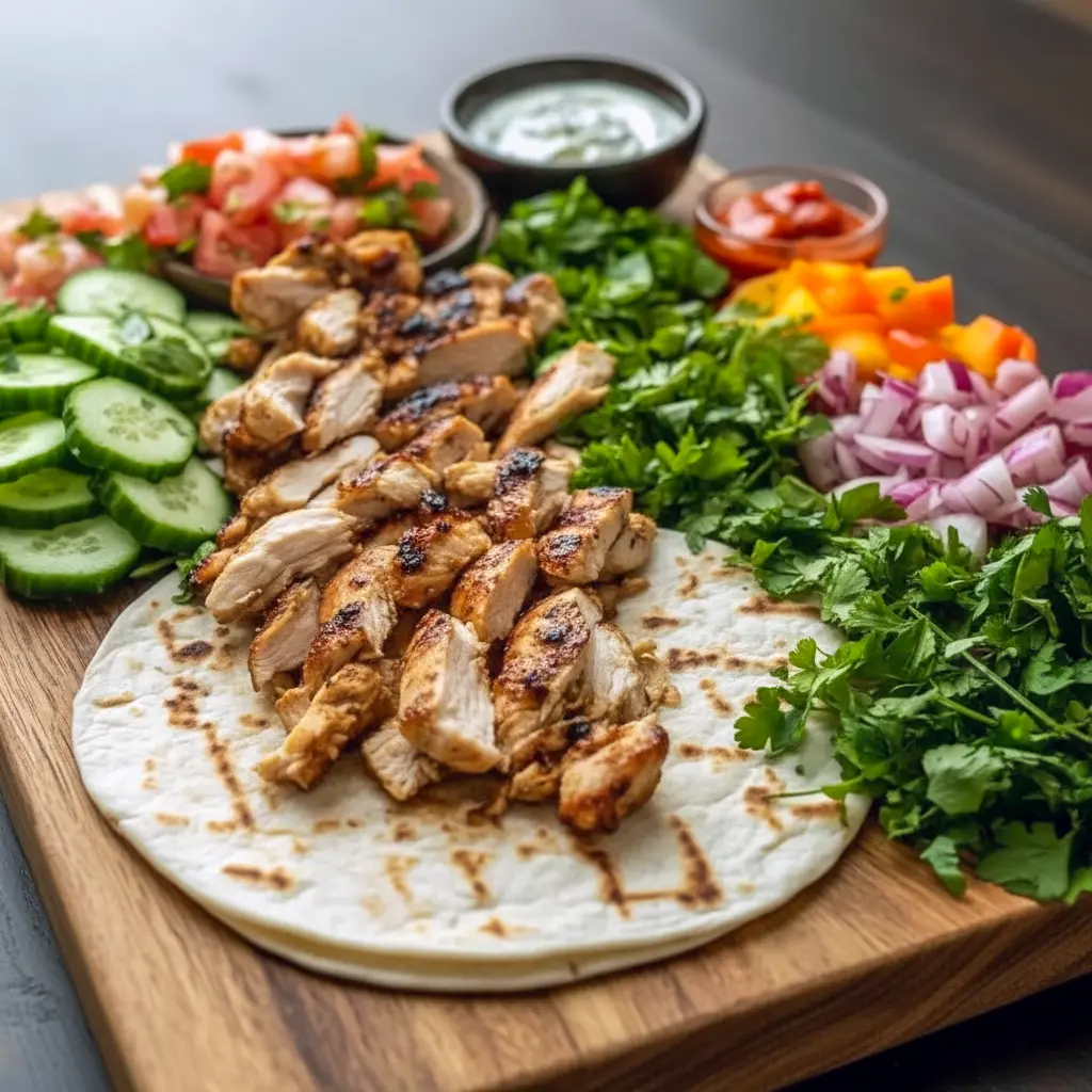 Close-up of sliced Middle Eastern Chicken Shawarma wrapped in pita with garlic sauce, tomatoes, and pickles — a Middle Eastern Inspired Shawarma photo that reads like a Traditional Chicken Shawarma Recipe and belongs in your Chicken Shawarma Recipes board, Best Shawarma Recipe.