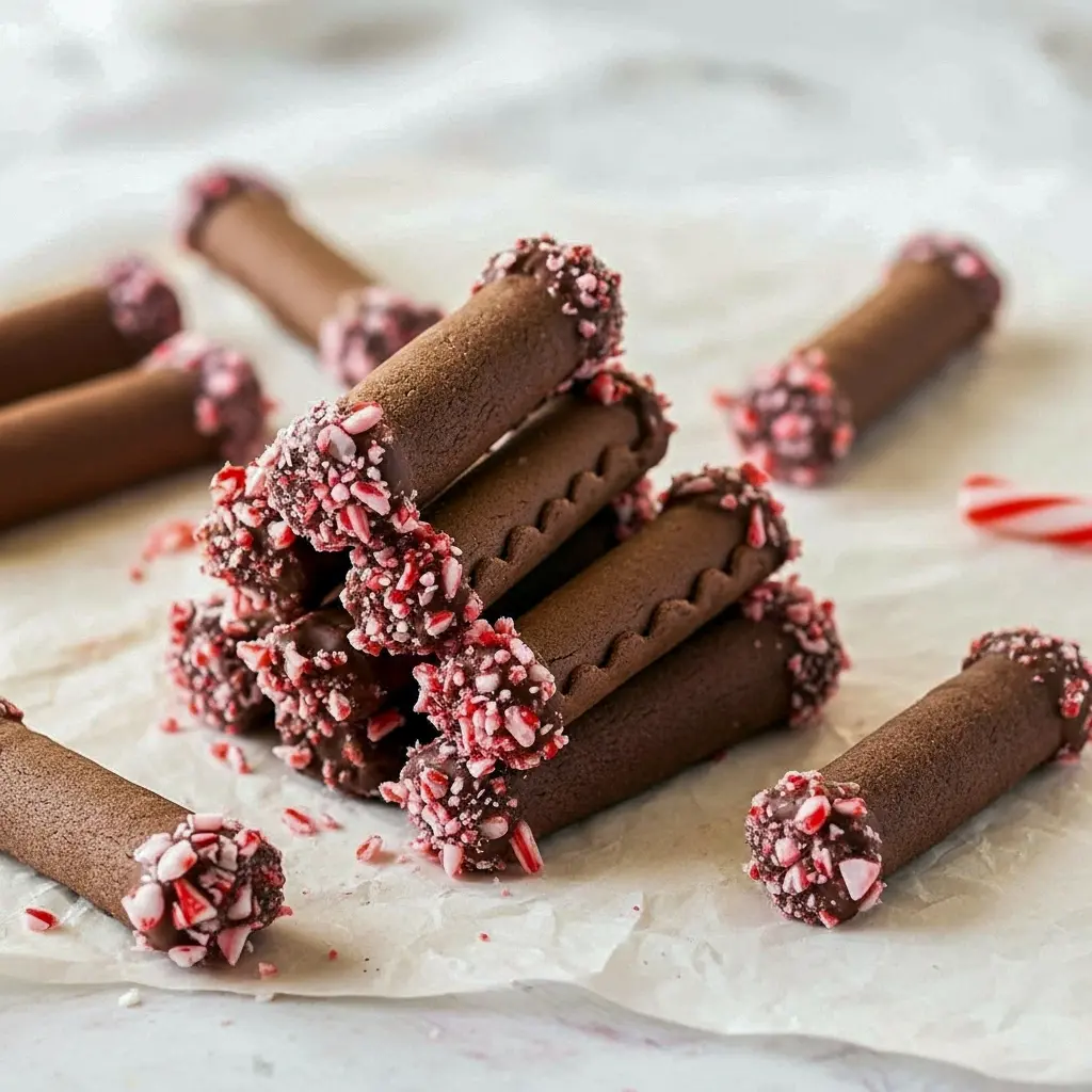 Close-up of a platter of rolled chocolate cookies filled with peppermint cream and sprinkled with crushed candy cane, styled with Dark Chocolate Peppermint Crunch Cookies, tiny decorative Chocolate Peppermint Spoons, and crumb-covered Chocolate Peppermint Crumble Cookies, Chocolate Peppermint Roll.