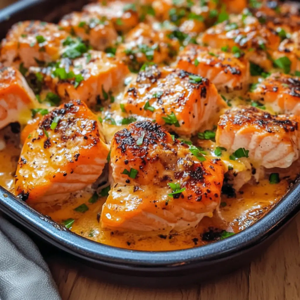 Close-up of a glazed Bang Bang Salmon fillet drizzled with spicy cream sauce, sprinkled with sesame seeds and green onions, served with rice — a hearty Fish Dinner, elegant Salmon Dishes, and a smart Recette Santé option, Salmon Recipes Baked Healthy.