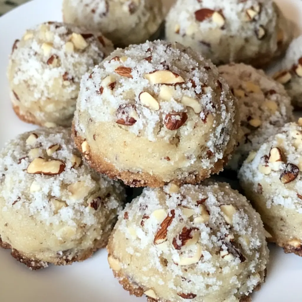 Stack of powdered sugar-dusted pecan snowball cookies on a festive plate, showing crumbly texture and chopped pecan pieces, Easy Snowball Cookies.