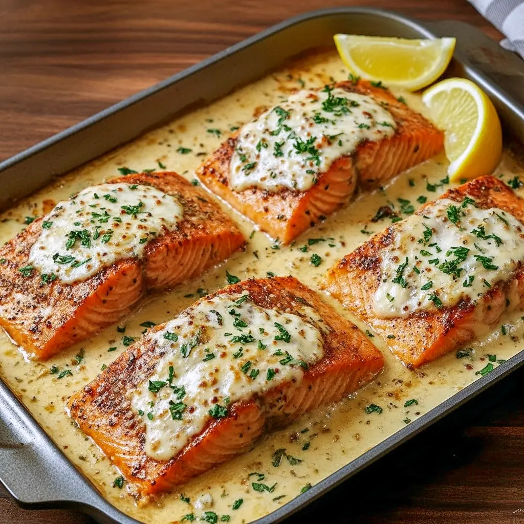 Creamy oven-baked salmon topped with garlic herb Boursin cheese, served on a white plate with lemon wedges and fresh herbs, perfect for an easy, elegant dinner, Fish Dinner.