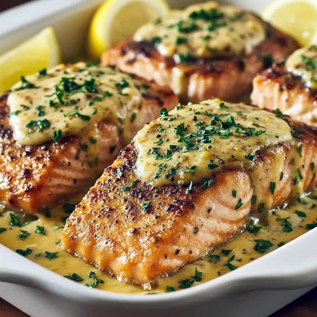 Creamy oven-baked salmon topped with garlic herb Boursin cheese, served on a white plate with lemon wedges and fresh herbs, perfect for an easy, elegant dinner, Fish Dinner.