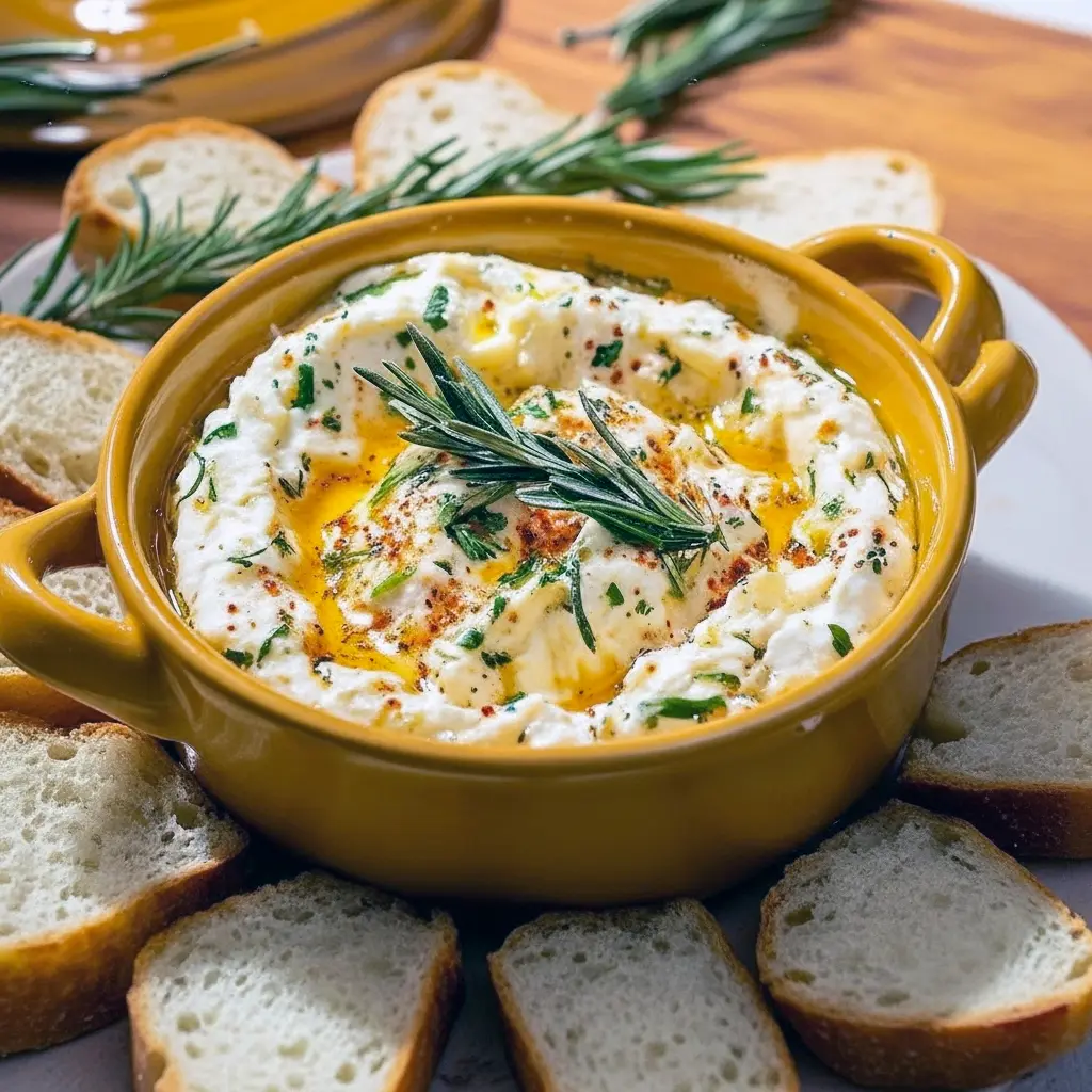 Small baking dish with bubbling, golden Boursin dip drizzled with hot honey and garnished with thyme, served with toasted baguette slices, Boursin Cheese Dip Hot Honey.