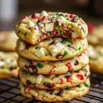 A cooling rack piled with Winter Wonderland Cookies Recipe cookies — the Best Cookies To Make With Kids, perfect for an Everything Christmas Cookies cookie box, Homemade Heaven Winter Wonderland Chocolate Chip Cookies.