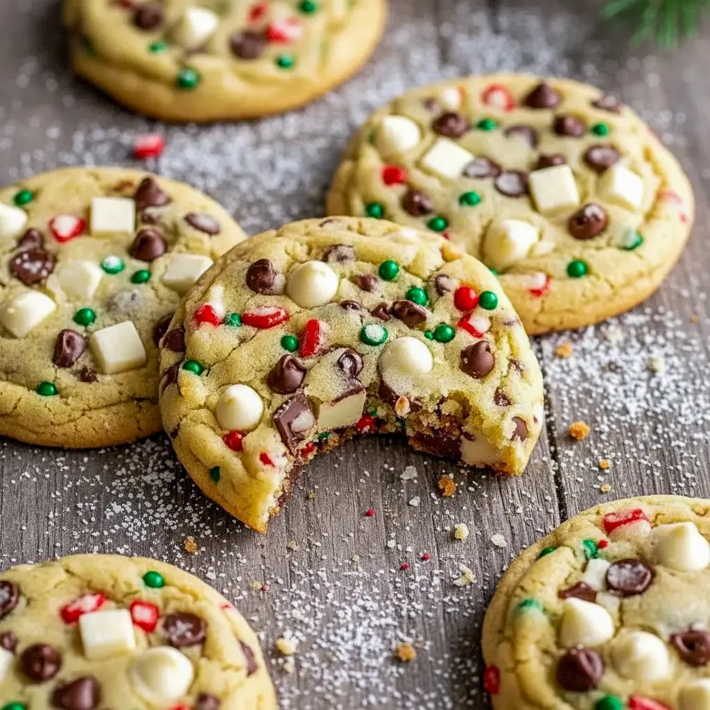 A cooling rack piled with Winter Wonderland Cookies Recipe cookies — the Best Cookies To Make With Kids, perfect for an Everything Christmas Cookies cookie box, Homemade Heaven Winter Wonderland Chocolate Chip Cookies.