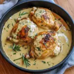 Overhead of golden seared chicken breasts in creamy garlic sauce, sprinkled with parsley, plated with mashed potatoes, Irish Chicken In Whiskey Cream Sauce.