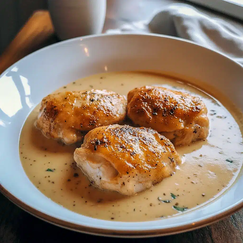 Overhead of golden seared chicken breasts in creamy garlic sauce, sprinkled with parsley, plated with mashed potatoes, Irish Chicken In Whiskey Cream Sauce.