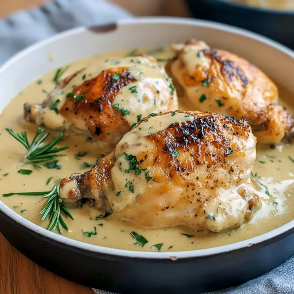 Overhead of golden seared chicken breasts in creamy garlic sauce, sprinkled with parsley, plated with mashed potatoes, Irish Chicken In Whiskey Cream Sauce.