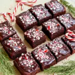 Close-up of glossy peppermint brownie squares with crushed candy cane topping on a rustic board — a tasty Peppermint Recipes shot for cozy Christmas Cooking, ideal bite-sized Baking Sweets and festive Christmas Snacks, Holiday Desserts.