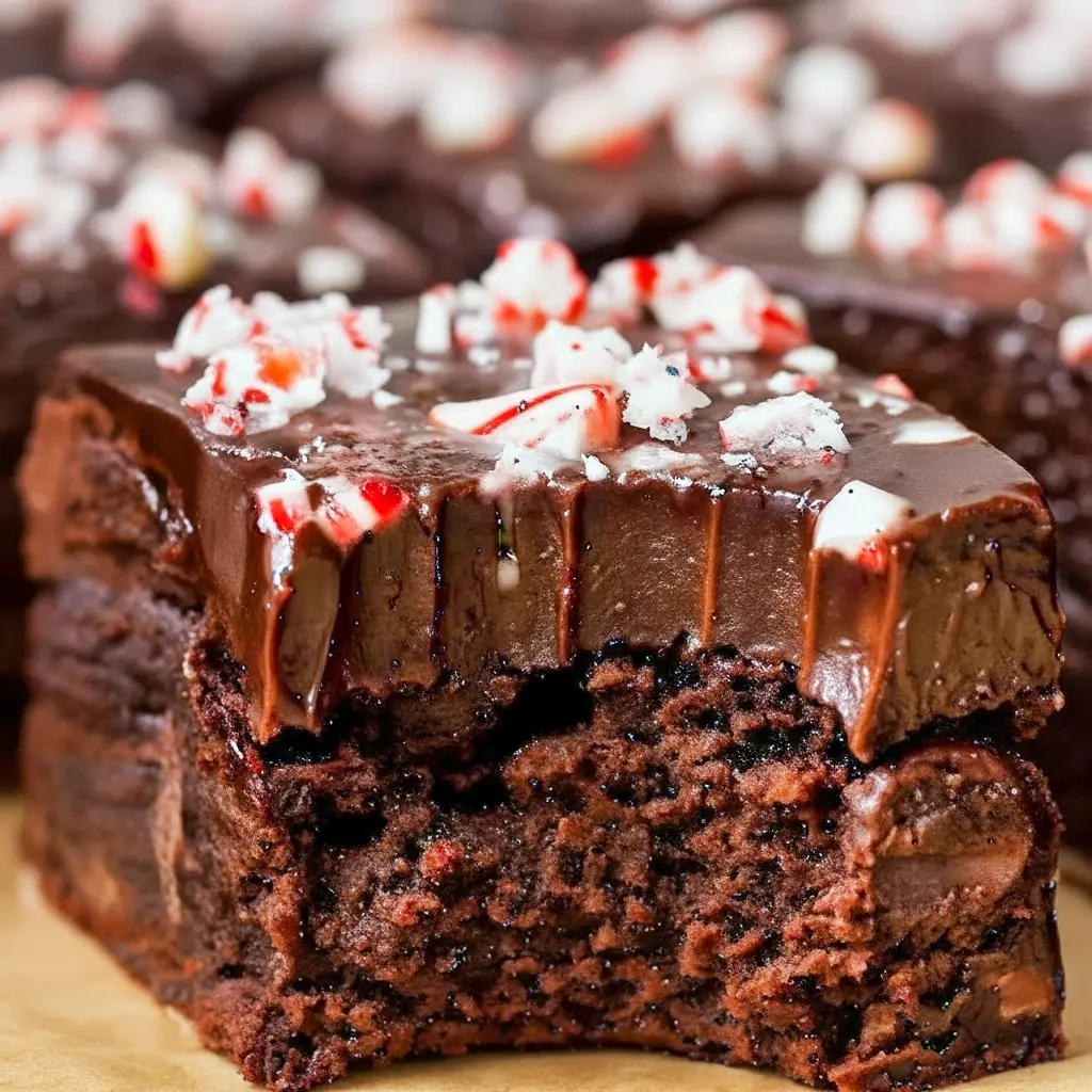 Close-up of glossy peppermint brownie squares with crushed candy cane topping on a rustic board — a tasty Peppermint Recipes shot for cozy Christmas Cooking, ideal bite-sized Baking Sweets and festive Christmas Snacks, Holiday Desserts.