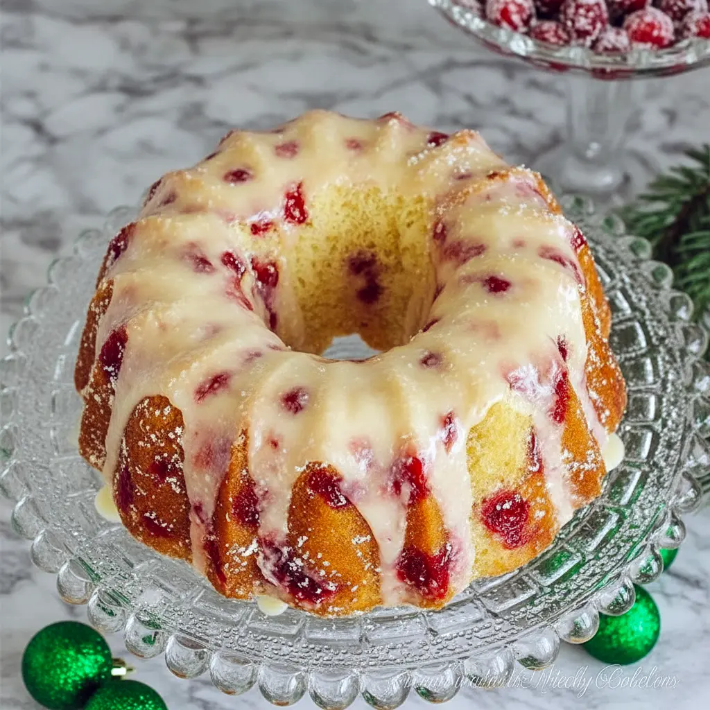 Glazed Bundt cake sliced to show tender crumb, studded with fresh cranberries and sprinkled orange zest on a rustic serving plate, Cranberry Bundt Cake.
