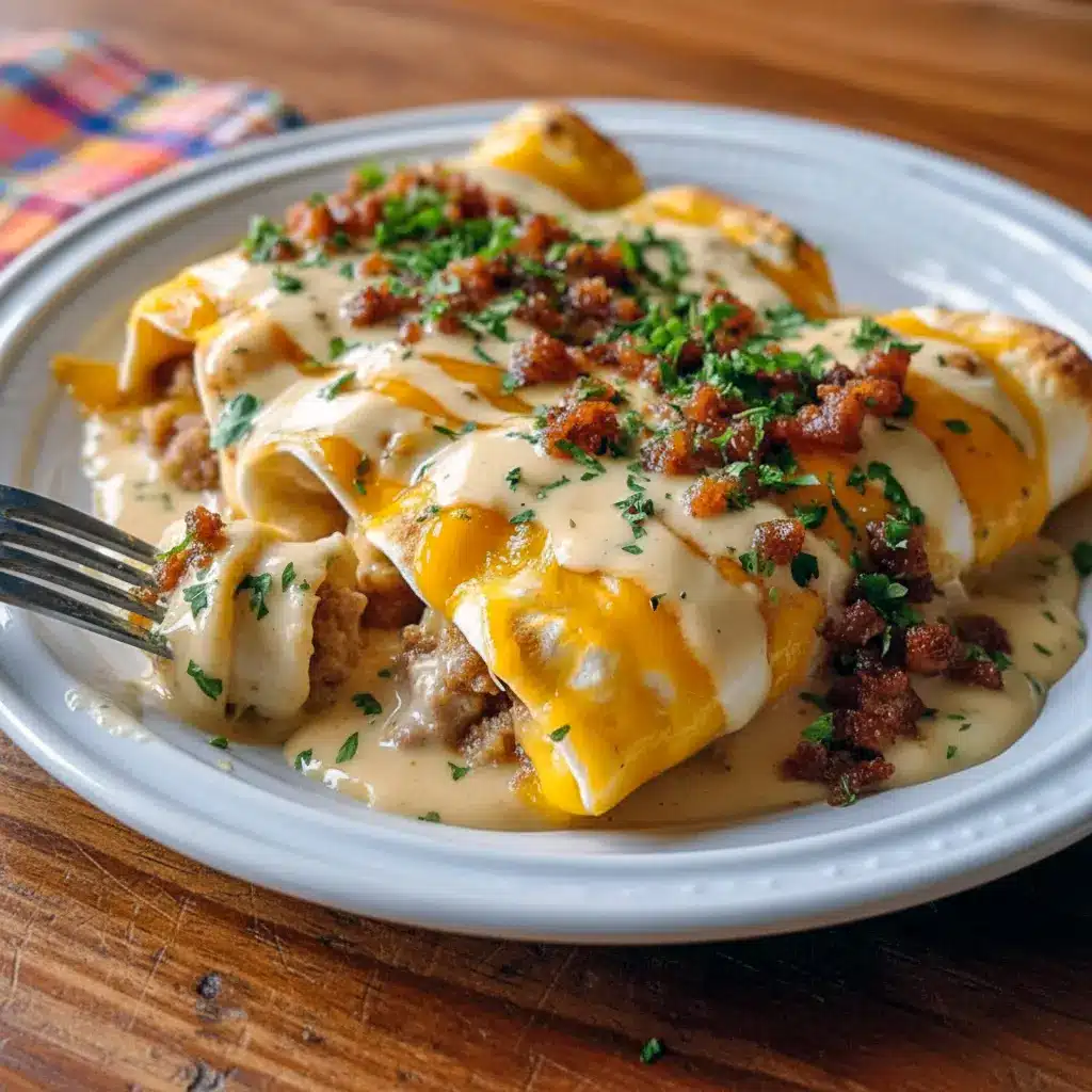 Southern breakfast enchiladas topped with creamy sausage gravy in a baking dish, showcasing a hearty Comfort Foods Healthy brunch packed with flavor; perfect for Unique Breakfast Food, easy Breakfast Gameday Food, pairing with Breakfast Side Ideas, great for Traveling Breakfast Ideas, fun for Different Breakfast Recipes, inspired by Smoked Sausage Breakfast, ideal for cozy Breakfast Entrees, and a twist on Traditional Breakfast Ideas.