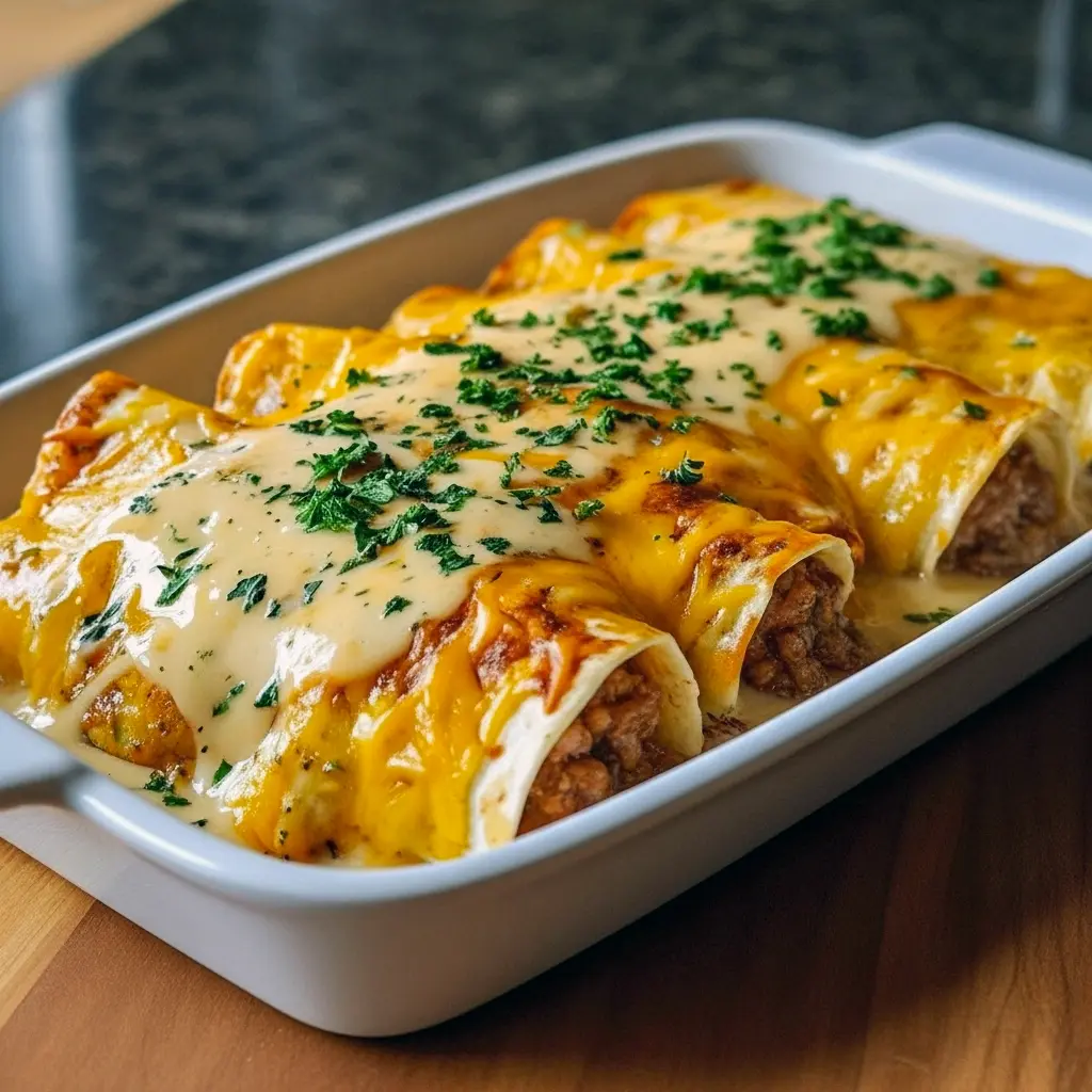 Southern breakfast enchiladas topped with creamy sausage gravy in a baking dish, showcasing a hearty Comfort Foods Healthy brunch packed with flavor; perfect for Unique Breakfast Food, easy Breakfast Gameday Food, pairing with Breakfast Side Ideas, great for Traveling Breakfast Ideas, fun for Different Breakfast Recipes, inspired by Smoked Sausage Breakfast, ideal for cozy Breakfast Entrees, and a twist on Traditional Breakfast Ideas.