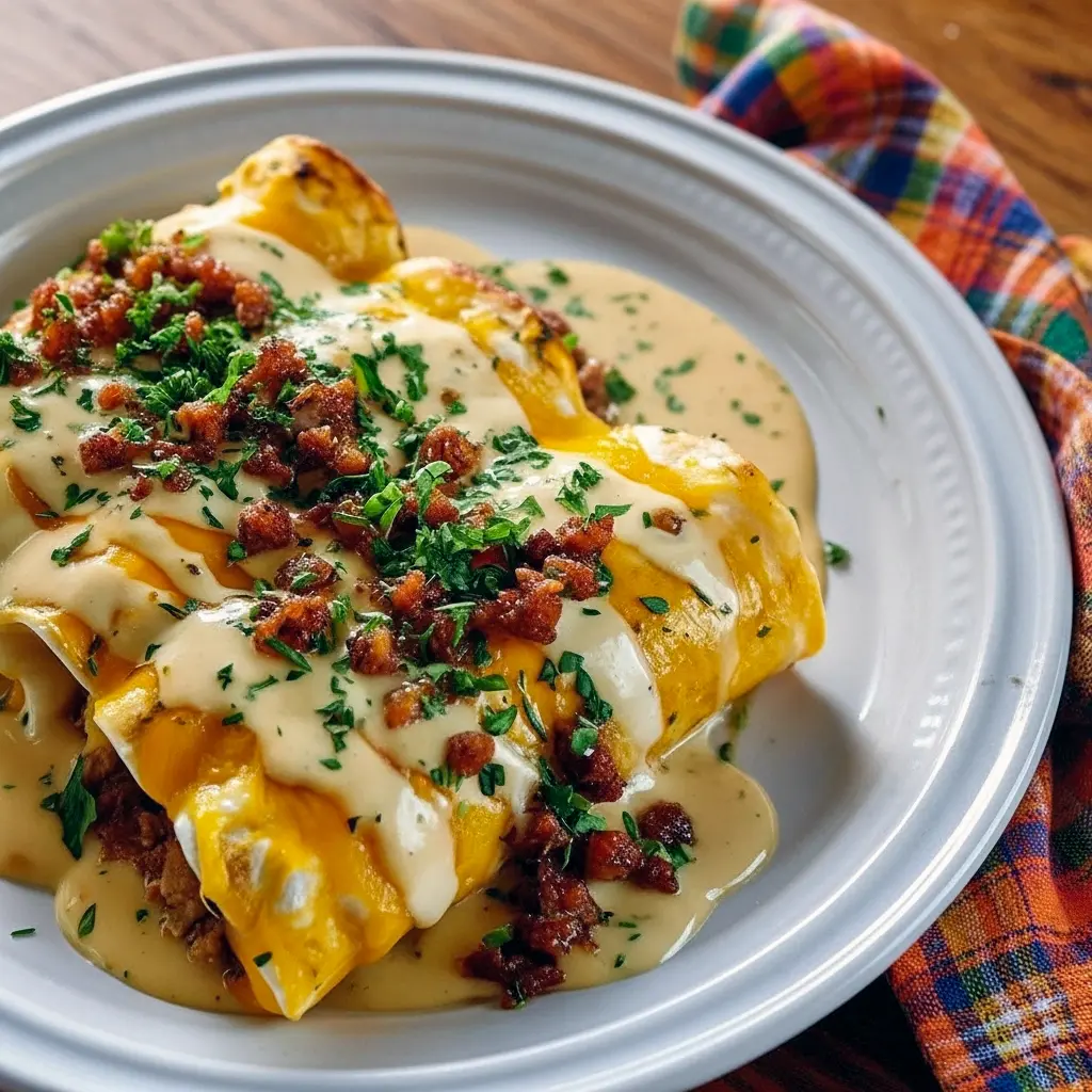 Southern breakfast enchiladas topped with creamy sausage gravy in a baking dish, showcasing a hearty Comfort Foods Healthy brunch packed with flavor; perfect for Unique Breakfast Food, easy Breakfast Gameday Food, pairing with Breakfast Side Ideas, great for Traveling Breakfast Ideas, fun for Different Breakfast Recipes, inspired by Smoked Sausage Breakfast, ideal for cozy Breakfast Entrees, and a twist on Traditional Breakfast Ideas.