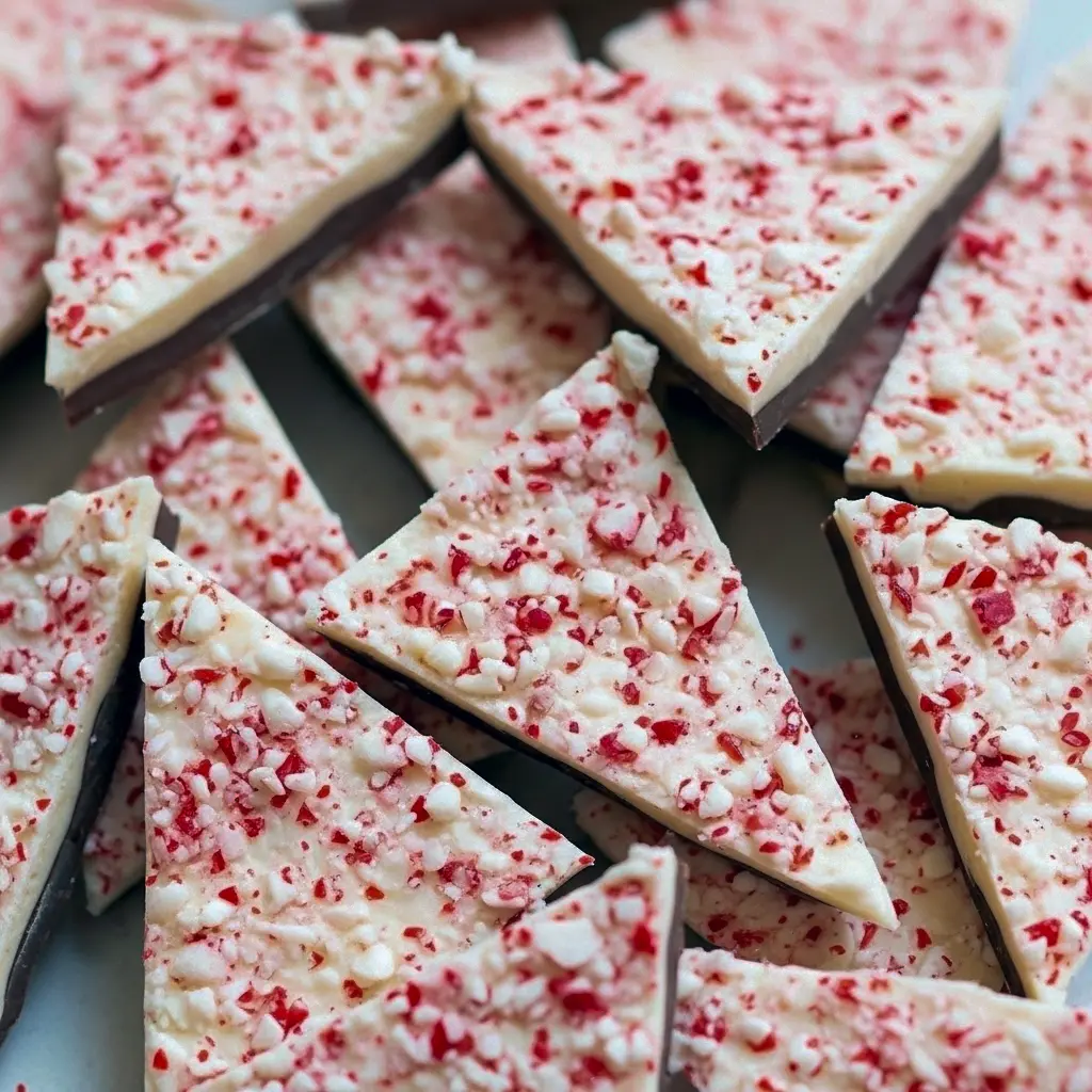 Close-up of salted peppermint chocolate bark shards on parchment, sprinkled with crushed candy cane and flaky sea salt, stacked for gifting, Easy Homemade Christmas Desserts.