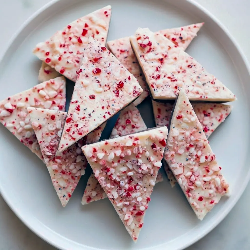 Close-up of salted peppermint chocolate bark shards on parchment, sprinkled with crushed candy cane and flaky sea salt, stacked for gifting, Easy Homemade Christmas Desserts.