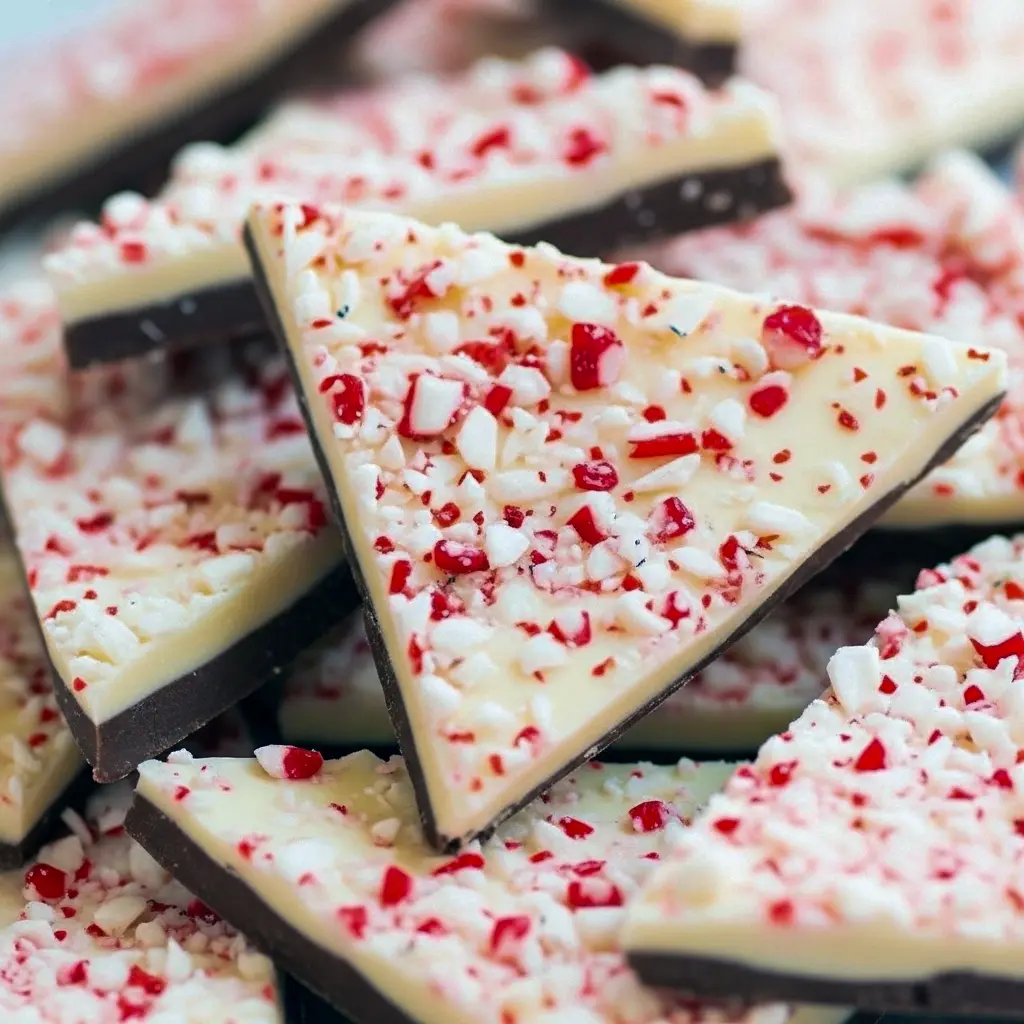 Close-up of salted peppermint chocolate bark shards on parchment, sprinkled with crushed candy cane and flaky sea salt, stacked for gifting, Easy Homemade Christmas Desserts.