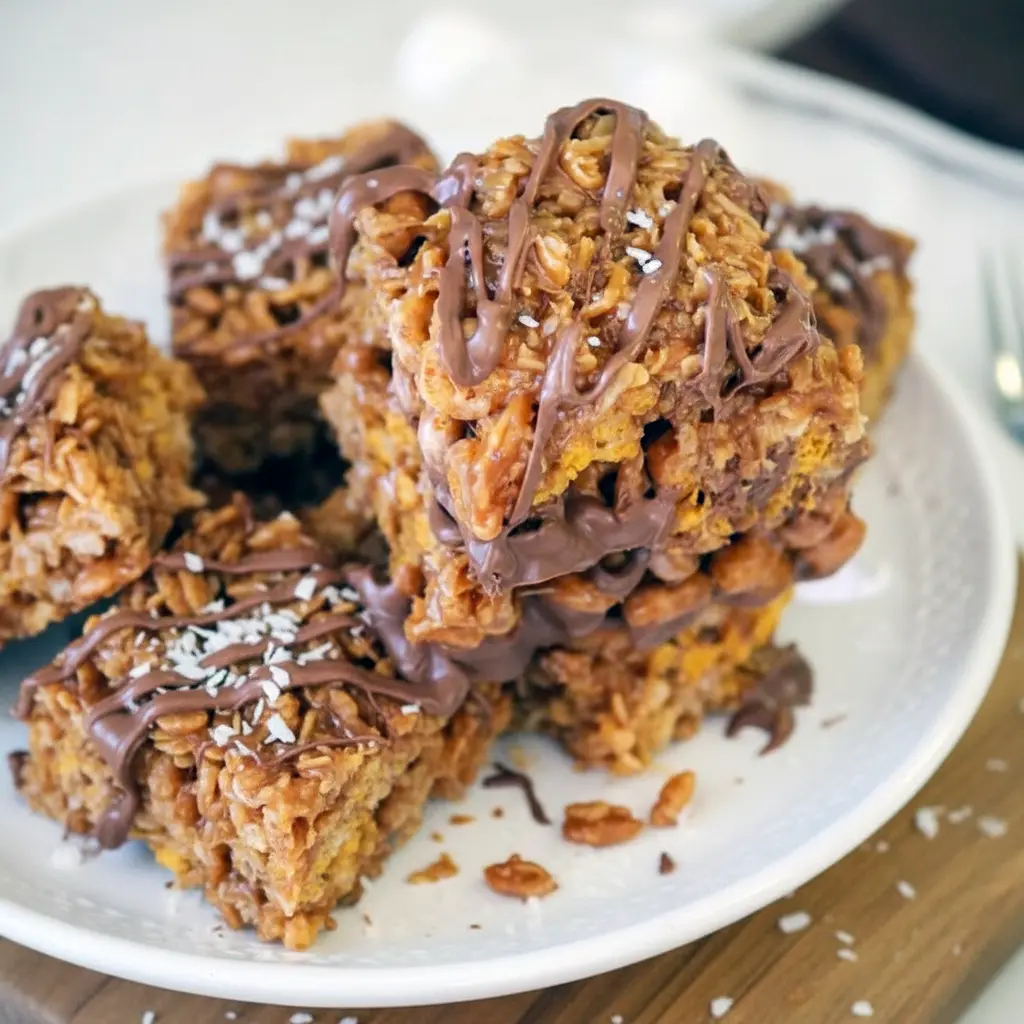 Close-up of Samoa-style bars topped with toasted coconut and chocolate drizzle; note for a Low Carb Dessert alternative, Rice Krispie Treats.
