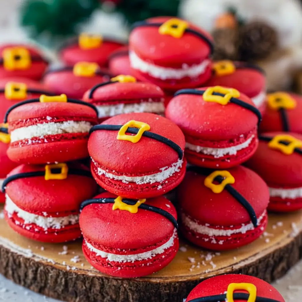 Close-up of glossy red macarons decorated with a black royal-icing belt and tiny yellow buckle, filled with creamy buttercream and rolled in shredded coconut, arranged on a festive plate, Santa Macarons Recipe.