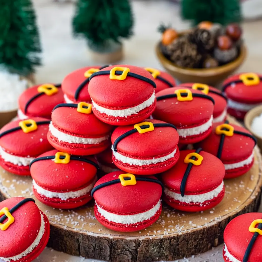 Close-up of glossy red macarons decorated with a black royal-icing belt and tiny yellow buckle, filled with creamy buttercream and rolled in shredded coconut, arranged on a festive plate, Santa Macarons Recipe.