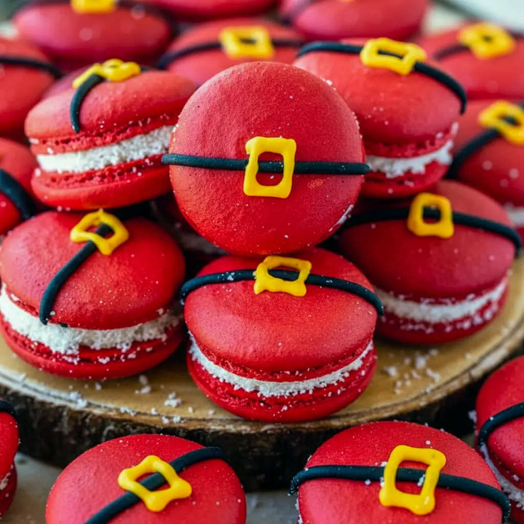 Close-up of glossy red macarons decorated with a black royal-icing belt and tiny yellow buckle, filled with creamy buttercream and rolled in shredded coconut, arranged on a festive plate, Santa Macarons Recipe.