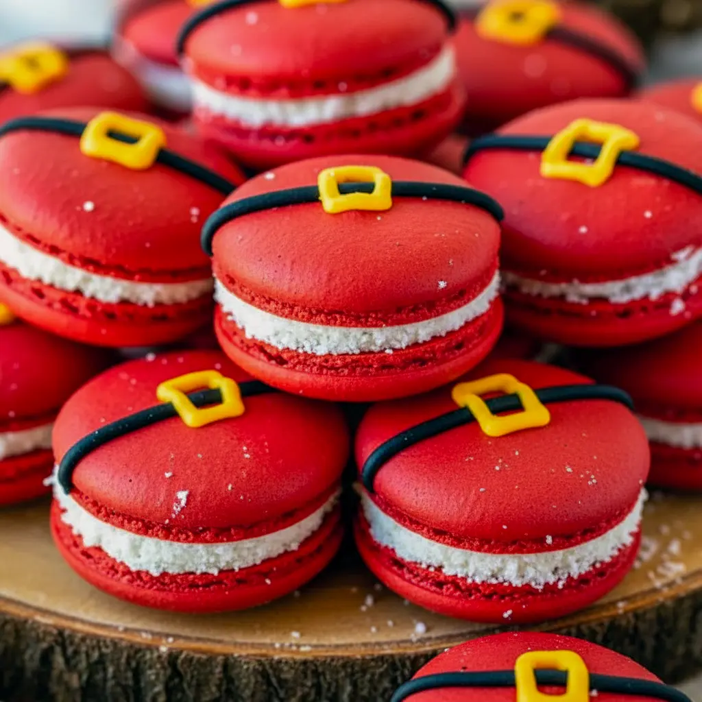 Close-up of glossy red macarons decorated with a black royal-icing belt and tiny yellow buckle, filled with creamy buttercream and rolled in shredded coconut, arranged on a festive plate, Santa Macarons Recipe.