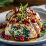 Sliced spinach-and-cranberry stuffed chicken breast on a platter, garnished with fresh herbs and a drizzle of pan juices, Christmas Chicken Ideas.
