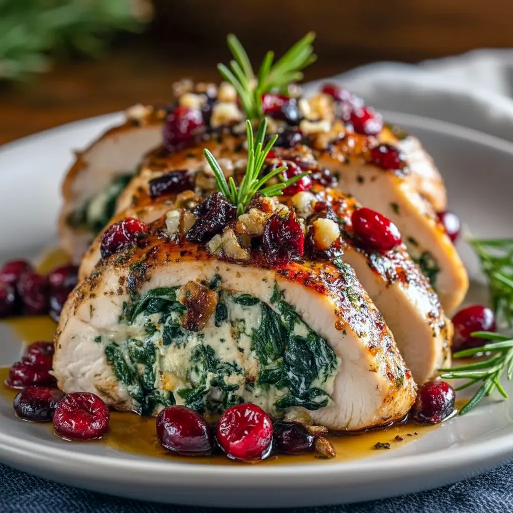 Sliced spinach-and-cranberry stuffed chicken breast on a platter, garnished with fresh herbs and a drizzle of pan juices, Christmas Chicken Ideas.