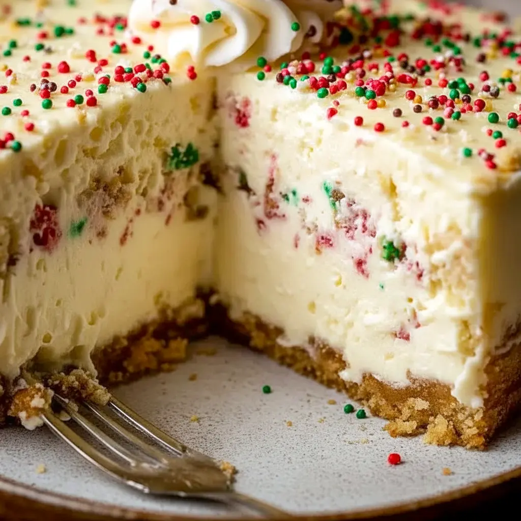 Sliced sugar cookie cheesecake on a festive plate, showing a golden cookie crust and creamy filling topped with whipped cream, sprinkles, and fresh berries, Christmas Baked Cheesecake.