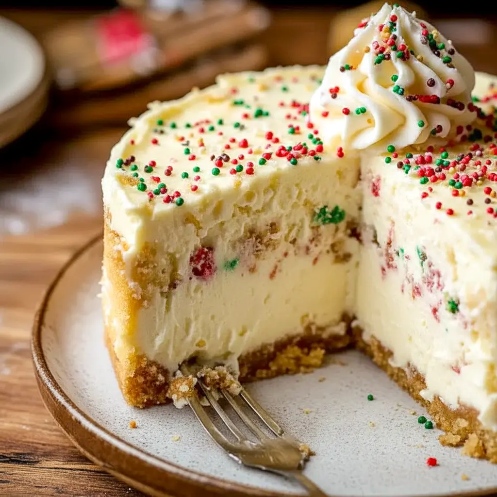 Sliced sugar cookie cheesecake on a festive plate, showing a golden cookie crust and creamy filling topped with whipped cream, sprinkles, and fresh berries, Christmas Baked Cheesecake.