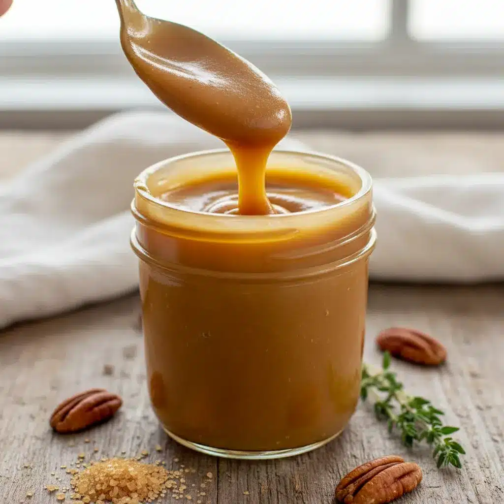 Keto Salted Caramel spoon pouring into a jar, glossy and thick; caption notes Low Carb Keto Caramel Sauce Recipe, nearby are bite-size Keto Caramel Fat Bomb Recipe squares and a dish labeled Keto Candy; the photo sits among jars labeled Keto Sauces and a stack of Breakfast Low Carb pancakes, suggesting easy Keto Dessert Easy and other Low Carb Sweets for Joy Filled Eats.