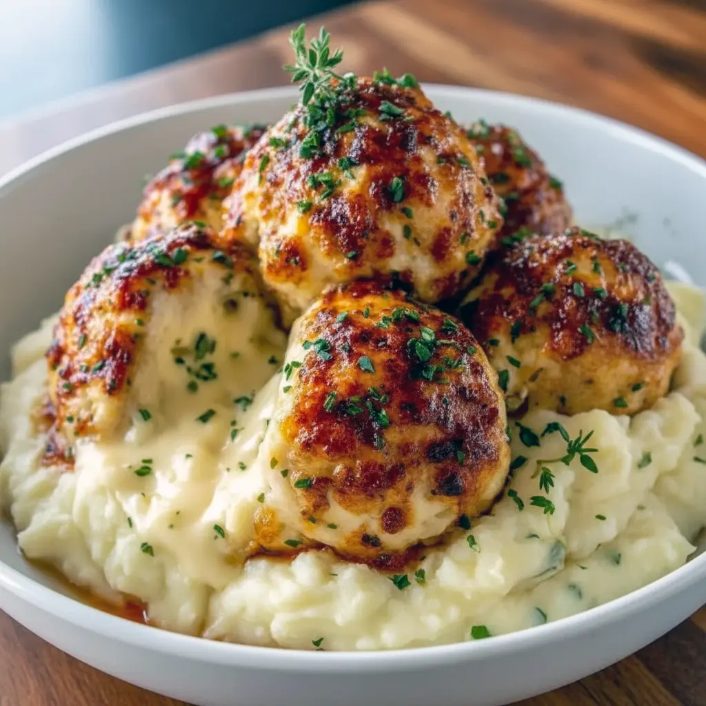 Close-up of golden Parmesan chicken bombs in a small casserole dish, smothered in creamy Parmesan sauce and sprinkled with fresh parsley, served beside creamy mashed potatoes, Parmesan Cloud Chicken Bombs.