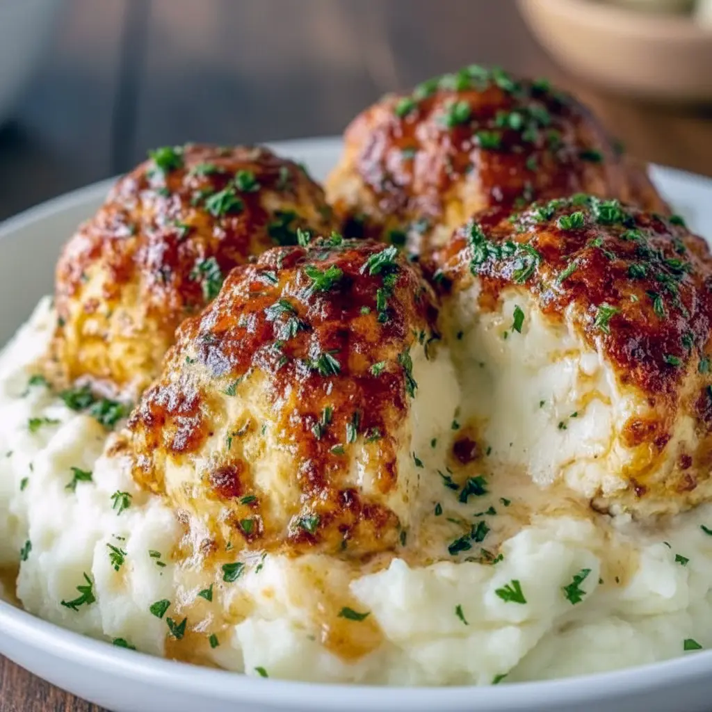 Close-up of golden Parmesan chicken bombs in a small casserole dish, smothered in creamy Parmesan sauce and sprinkled with fresh parsley, served beside creamy mashed potatoes, Parmesan Cloud Chicken Bombs.